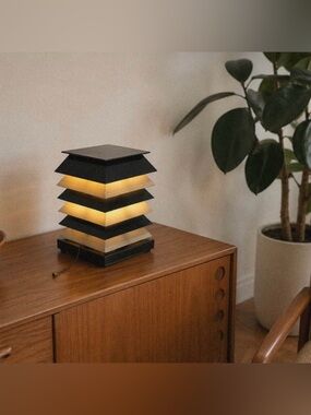 1960s MCM metal black cream table lamp vintage retro layered square cube